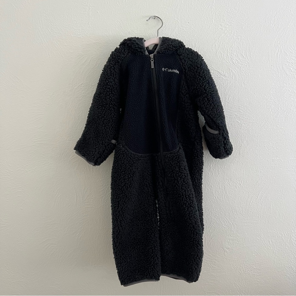 Columbia Sherpa Fleece Baby Bunting Suit Hooded Black Zip Front Size 12-18M
